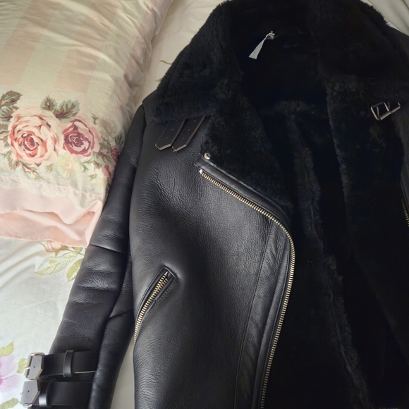 shearling leather black oversized goth moto jacket belt buckle sheepskin S - Picture 3 of 6